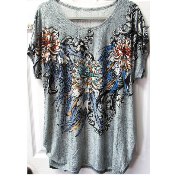 Women's Gray Flower Floral Print Short Sleeve Stretchy Graphic Shirt Sparkle Top - Picture 1 of 3
